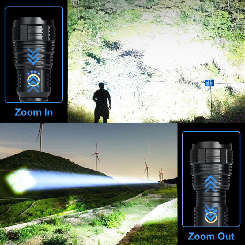 Rechargeable LED Flashlights, 90000 High Lumens Flashlight, XHP70 Tactical Flashlight with Zoomable, 5 Modes, Military Grade Waterproof Super Bright Flashlights for Emergencies, Camping, Hiking FM