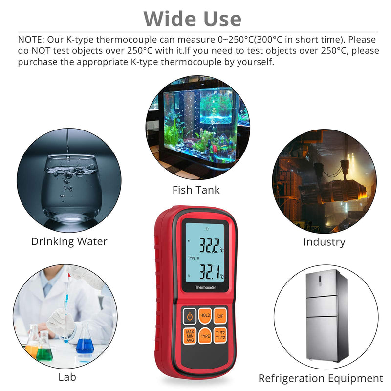 Kamtop Digital Thermometer Dual Channel Thermometer with Two K- type Thermocouples Temperature Meter with LCD Backlight for K/ J/ T/ E/ R/ S/ N Thermocouple