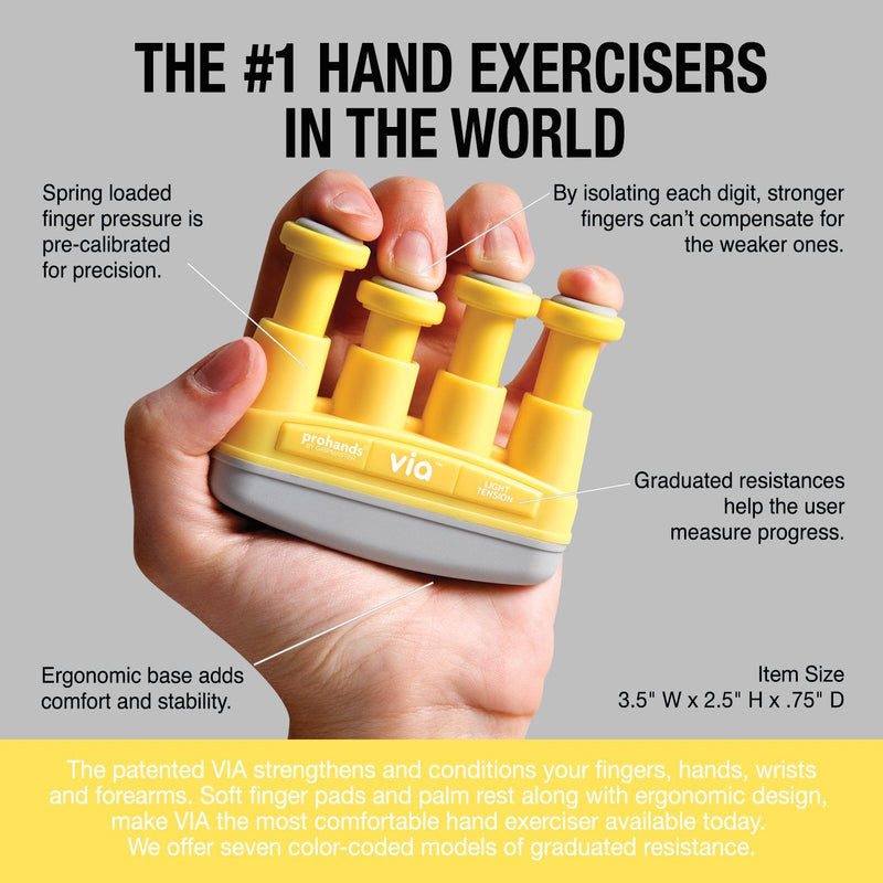 PROHANDS VIA Hand Exerciser, Finger Exerciser (Hand Grip Strengthener), Spring-Loaded, Finger-Piston System, Isolate and Exercise Each Finger 4 lb (Light Tension) Yellow - Via