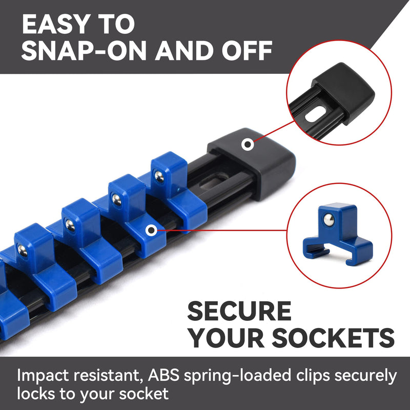 ALOANES 6PC ABS Socket Organizer,1/2 inch, 3/8 inch, and 1/4 inch Drive Socket Rail Holders, Heavy Duty Socket Racks, Black Rails with Red and Blue Clips 6 Pcs Blue and Red