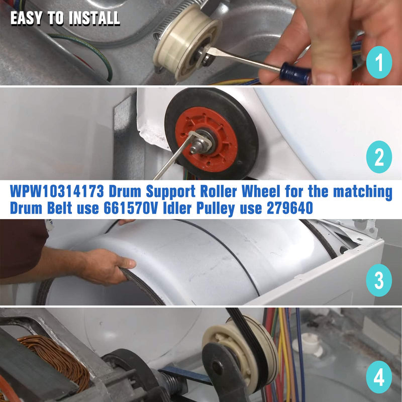 4392067 Dryer Replacement Parts Includes WPW10314173 Drum Roller & 661570V Belt & 279640 Idler Pulley, Maintenance Kit Replaces 2015 4392067VP 80047 587637 AP3109602 PS373088 EAP373088