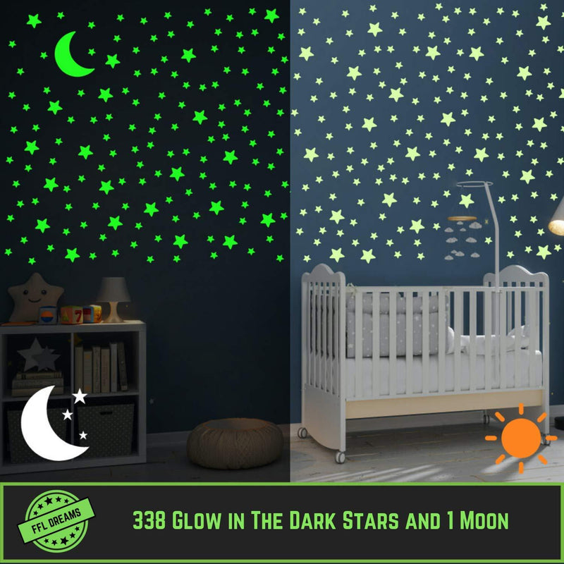 FFL DREAMS Glow in The Dark Stars and Moon, Realistic No Dots No Squares Set. 338 Star Shaped Stickers and Moon, Luminous Adhesives for Room, Wall, Bedroom, Light up Your Ceiling and Living Room