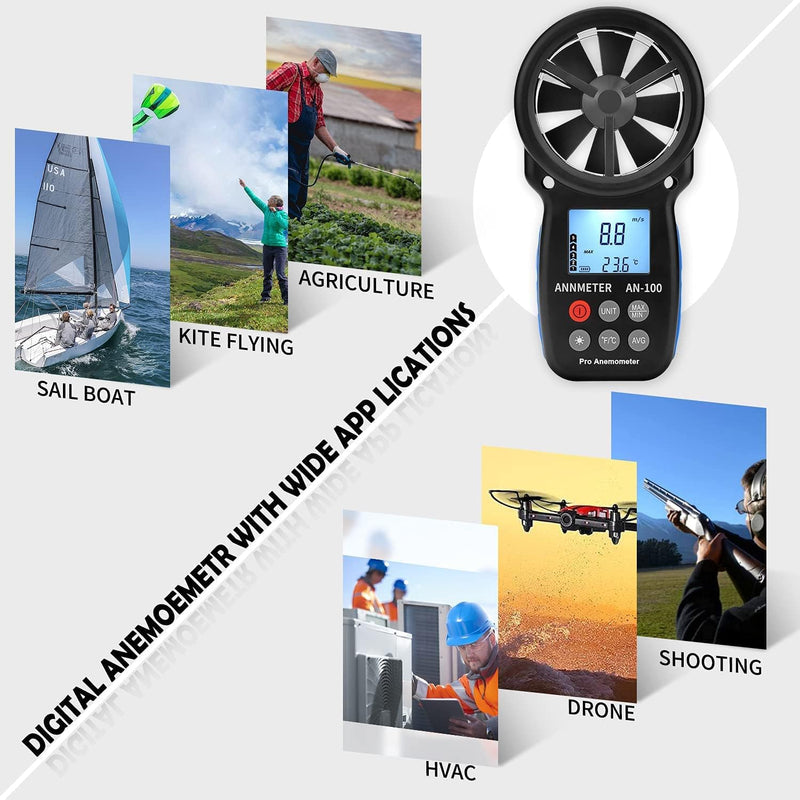 AIOMEST Digital Anemometer, Wind Gauge Wind Gauge Handheld, AI-100 Wind Gauge CFM Wind Speed Meter for Wind Speed Temperature Wind Chill Tester, HVAC