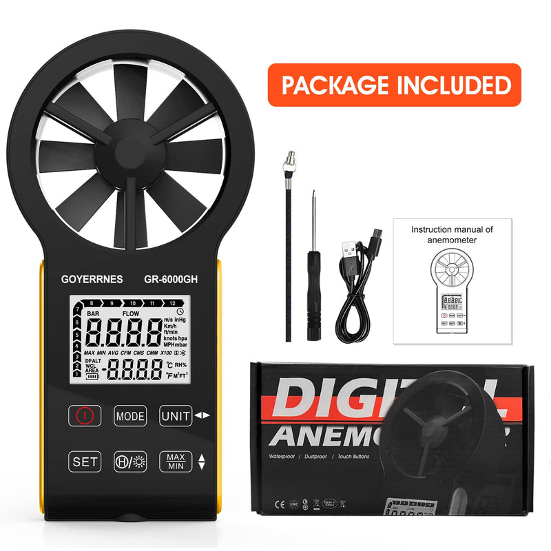 Handheld Wind Meter Digital Anemometer, GR-6000GH Air Flow Speed Wind Speed CFM Meter Measuring Air Speed Air Volume Temperature for HVAC, Boat Sailing, Shooting
