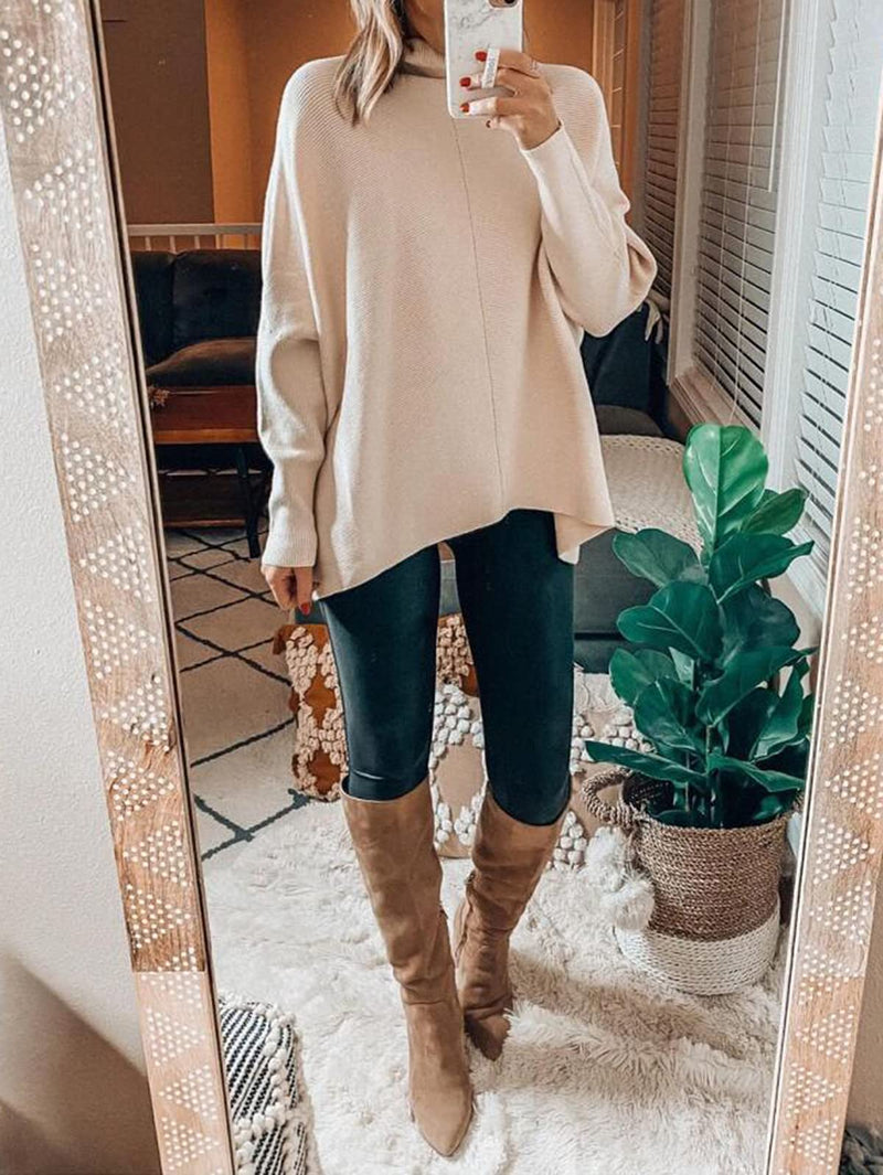 ANRABESS Womens Turtleneck Long Batwing Sleeve Asymmetric Hem Casual Pullover Sweater Knit Tops Apricot X-Small