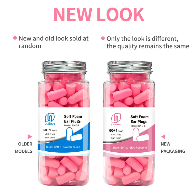 LYSIAN Pink Color Ultra Soft Foam Earplugs 60 Pairs with Reusable Silicone Earplug, 38dB SNR Ear Plugs, Sleeping, Snoring, Shooting, Travel and All Loud Events
