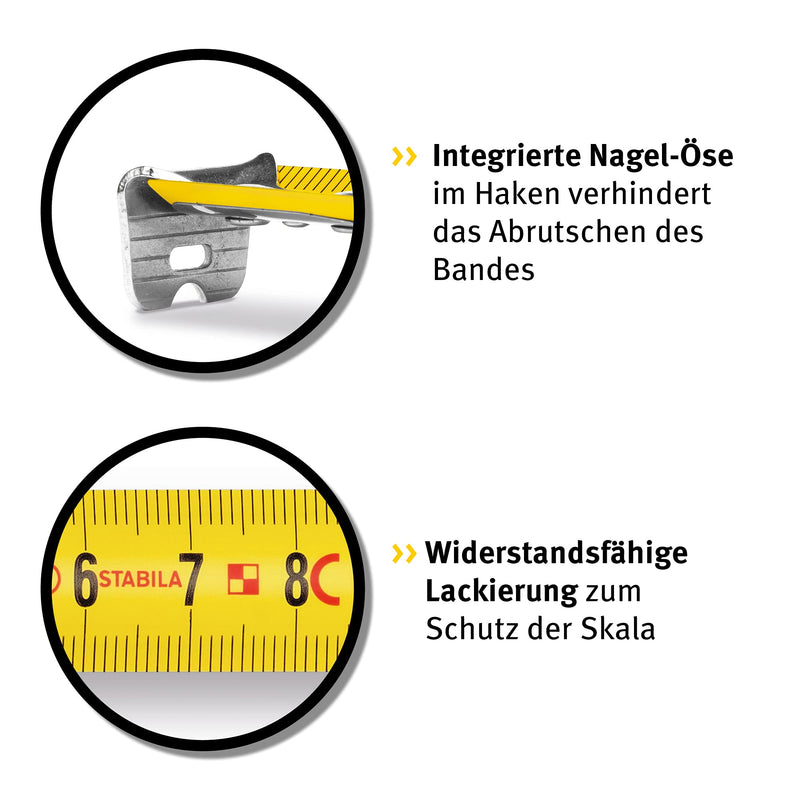 STABILA pocket tape measure BM 100, 5 m, tape measure with metric scale, shatterproof ABS housing, movable starting hook, belt clip, MID accuracy