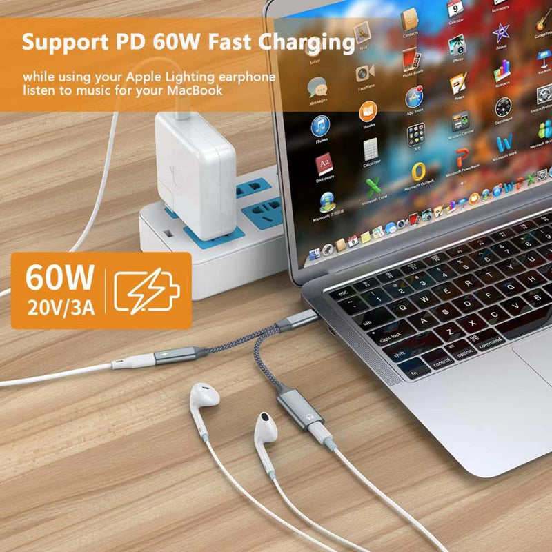 USB C to Lightning Audio Adapter, USB Type C Male to Lightning Female Headphones Converter & PD 60W Charging Dongle Compatible with iPad Pro 2021/2022, iPad Air 2020/2022, MacBook, Galaxy S23/S22/S21 Grey