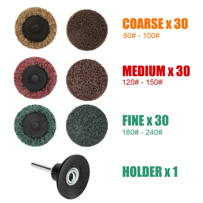 SUNJOYCO 90pcs 2 inch Nylon Quick Change Sanding Discs Surface Conditioning Disc 1/4" Roll Lock Holder Die Grinder Sanding Disc Fine Medium Coarse for Surface Strip Grind Polish Burr Finish