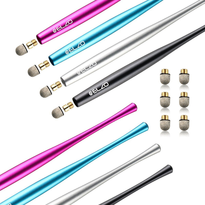 ELZO Capacitive Stylus Pens Premium Metal Slim Combo 4 Pcs with 6 Replacement Nanofiber Tips for Touch Screen Tablets Asus/Surface/Samsung/iPhone/iPad/LG and More (Black, Silver, Light Blue&Rose Red) 4 Pack Black, Silver, Rose red, Light Blue