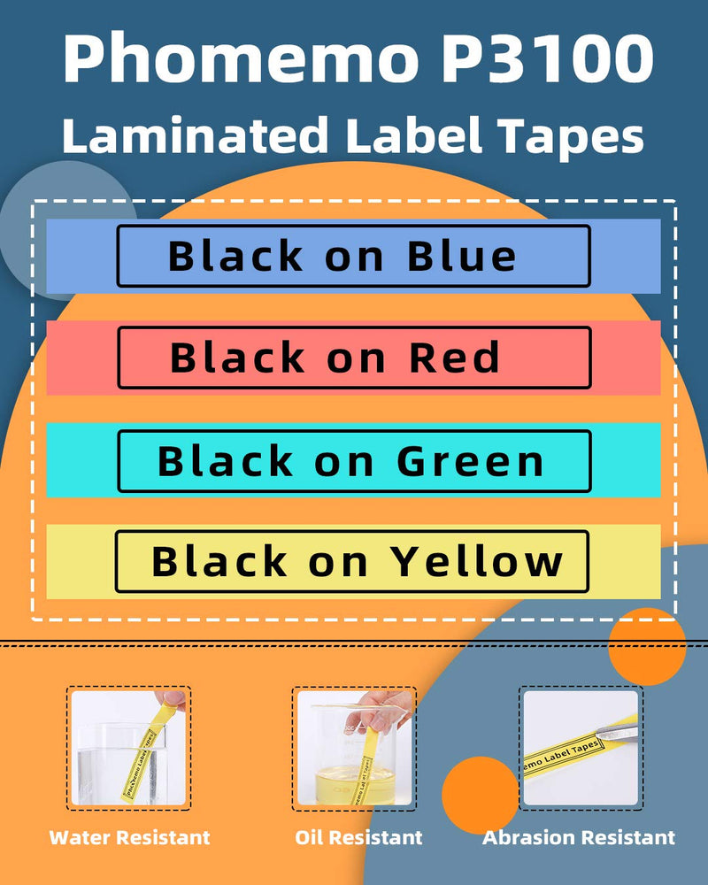 Phomemo P3100 12mm Black on Red/Yellow/Green/Blue Cable Label Tape- Laminated Label Tape, Waterproof, Oil-Proof，Scratch-Resistant, for Home, Office, Industrial