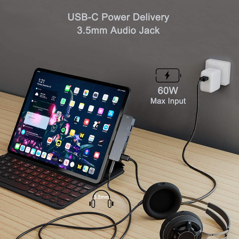 USB C HUB for iPad Pro 11/12.9 2021 2020 2018/iPad Air 4, 6in1 USB C Hub with 4K HDMI,3.5mm Headphone Jack,2 USB3.0,USB C PD Charging&Data,USB C Earphone Jack,Adapter for iPad Pro,MacBook 6in1 USB C Hub Space Grey