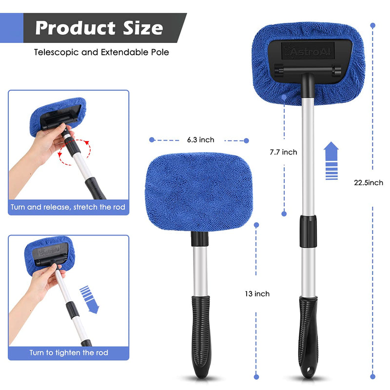 AstroAI Windshield Cleaner, Microfiber car Window Cleaner with 4 Reusable and Washable Microfiber Pads and Extendable Handle Auto Inside Glass Wiper Kit, Blue