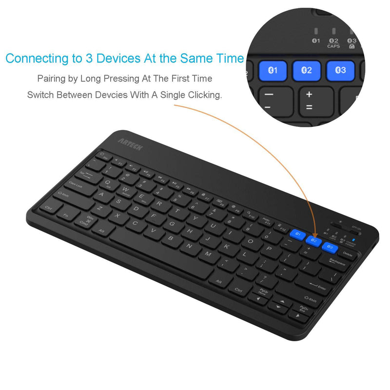 Arteck HB220B Universal Backlit 7-Colors & Adjustable Brightness Multi-Device Slim Portable Wireless Bluetooth 3.0 Keyboard for iOS, Android, Windows Tablet PC Smartphone Built in Rechargeable Battery