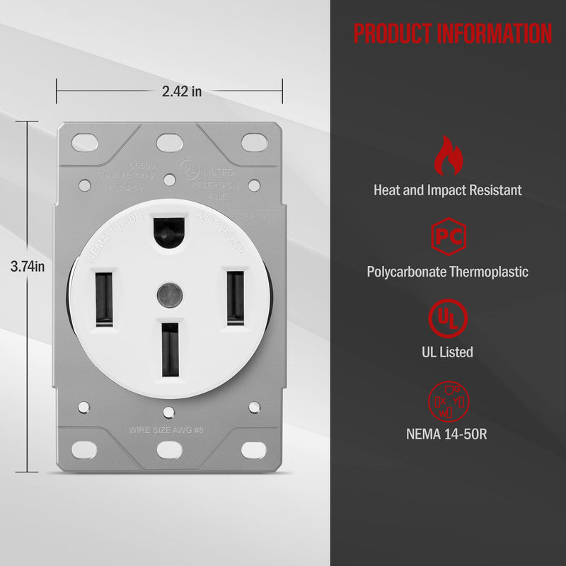 ENERLITES 50 Amp Receptacle Outlet | NEMA 14-50R, for Electric Vehicles, Welding, Electrical Ranges, Indoor/Outdoor, 3-Pole, 4 Wire (8, 6, 4 AWG) | 125/250V, 66500-W, 2 Pack - White 50A-White, 2 Pack