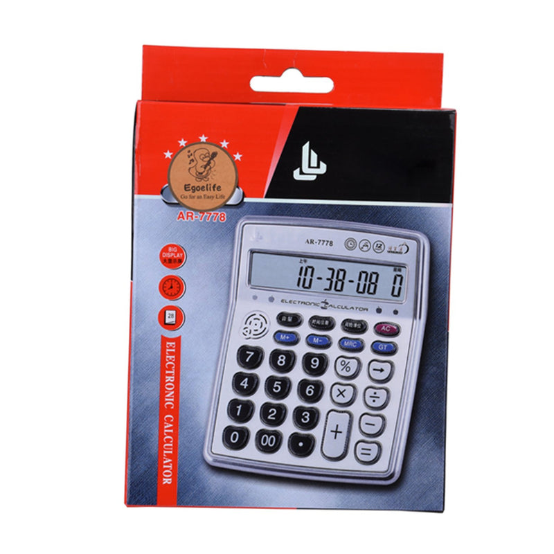 Egoelife Musical Desktop Calculator 12-Digits LCD Display with Alarm Clock and Voice Reading (AR-7778) AR-7778