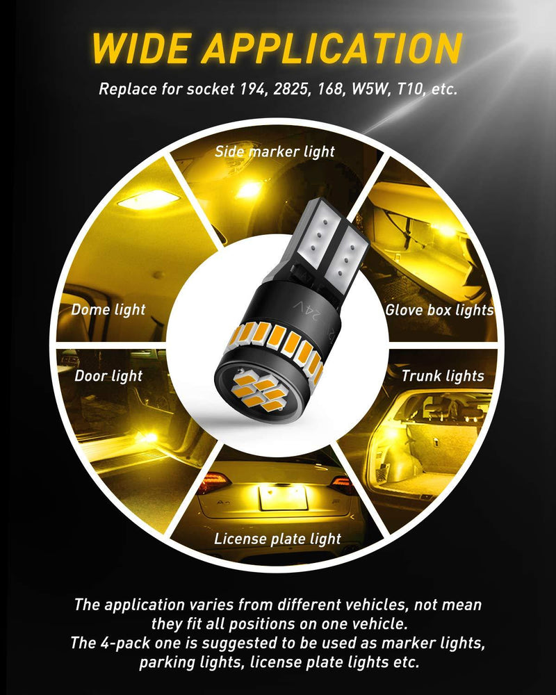 AUXITO 194 LED Light Bulb, Amber Yellow 168 2825 W5W T10 Wedge 24-SMD 3014 Chipsets LED Replacement Bulbs for Car Dome Map License Plate Lights (Pack of 10)