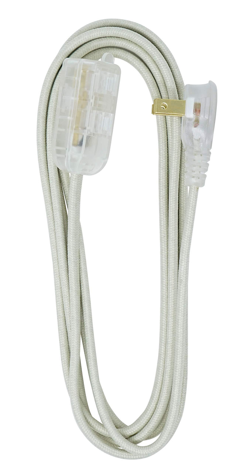 Woods 64598301 Decor Series 8-Foot Fabric Braided Indoor Extension Cord with Lighted Ends, 3 Polarized 2-Prong Outlets, Right Angle Plug, 125 Volts, Beige