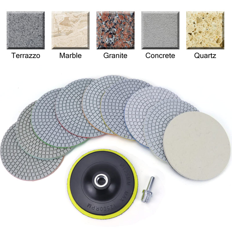 Diamond Polishing Pads 5 Inch with 5/8’’-11 Hook & Loop Backing Pads, 10pcs Wet/Dry Concrete Polish Tools Kit for Drill, Grinder, Polisher, 50-3000 Grit Polishing Set for Marble Granite Quartz Stone