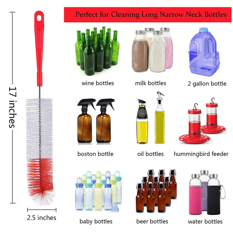 ALINK 5-Pack Red Bottle Brush Cleaner Set - Long Large Cleaing Brush for Narrow Neck Wine/Beer Bottles, Hydro Flask, Thermos, Hummingbird Feeder, S’Well, Water Bottles, Spout/Lid Brush, Straw Brush