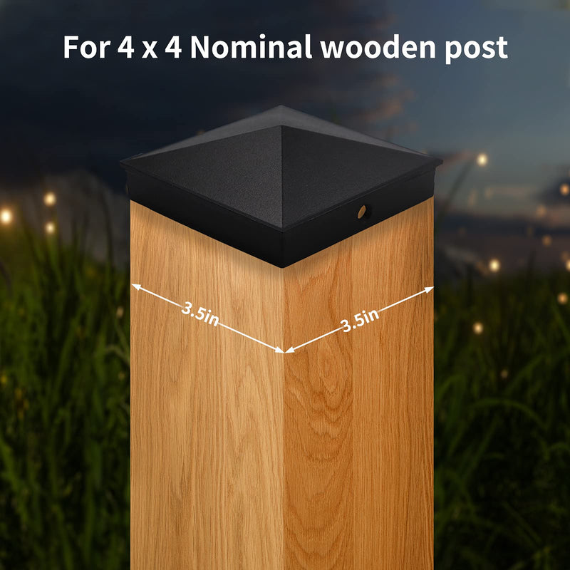 Azdele 4x4 Aluminum Pyramid Post Caps Cover for 4x4 Nominal Wood Post(Actual/True 3.5" x 3.5"), with Matte Finish Powder Coated Surface, for Fence Wood Post of Decks or Corridors(Black, 4 Pack) 3.5" x 3.5" Black