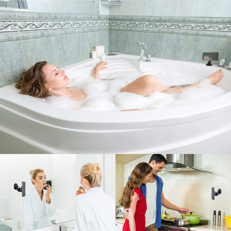 Hula+ Shower/Mirror Phone Holder/Mount/Stand. Reusable Non-Residue Mount for Bathroom/Kitchen/Wall. Compatible with All Phones, Great Gift for TikTok/YouTube/Make Up… (Black)