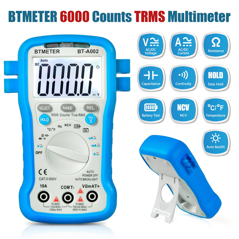 BTMETER BT-39C True RMS Digital Multimeter Auto Ranging for AC DC Voltage,Current, Resistance, Capacitance Tester with Temp Battery LED Test Auto Backlit