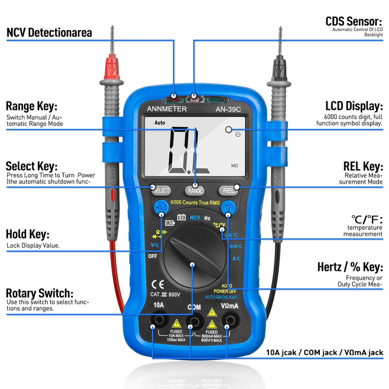 ANNMETER AN-39C Multimeter Auto-Ranging True RMS 6000 Counts Multimeter, Accurate Voltmeter Ohmmeter Capacitance Meter, Measures Voltage Current Resistance and Temperature