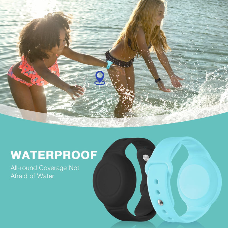 Waterproof Airtag Bracelet for Kids(2 Pack) - Soft Silicone Air tag Wristband Kids Full Case Cover Compatible with Apple Airtag, Lightweight GPS Tracker Holder for Kids Black/Blue
