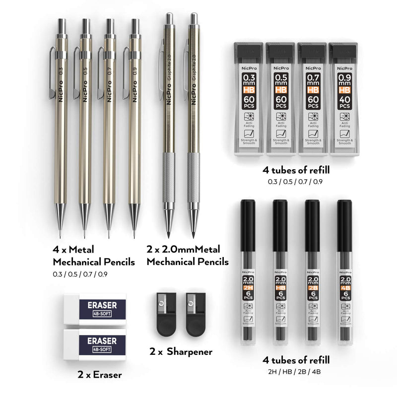 Nicpro 6 PCS Art Mechanical Pencils Set Metal, Artist Drafting Pencil 0.3 & 0.5 & 0.7 & 0.9 mm and 2mm Lead Holder For Art Writing, Sketching Drawing,With 8 Tubes Lead Refills Erasers Sharpener