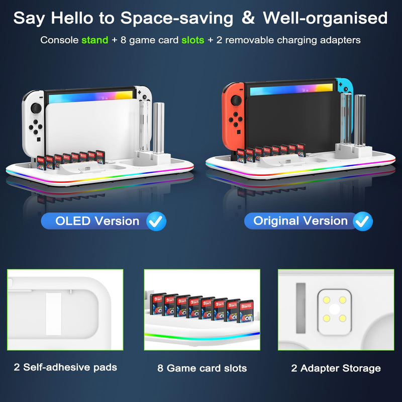 RGB Switch Controller Charger for Nintendo Switch & OLED Model with Led Light, Joycon Charger with Switch Pro Controller Charger, Switch Charging Station Dock Organizer with 8 Game Slots & USB Cables