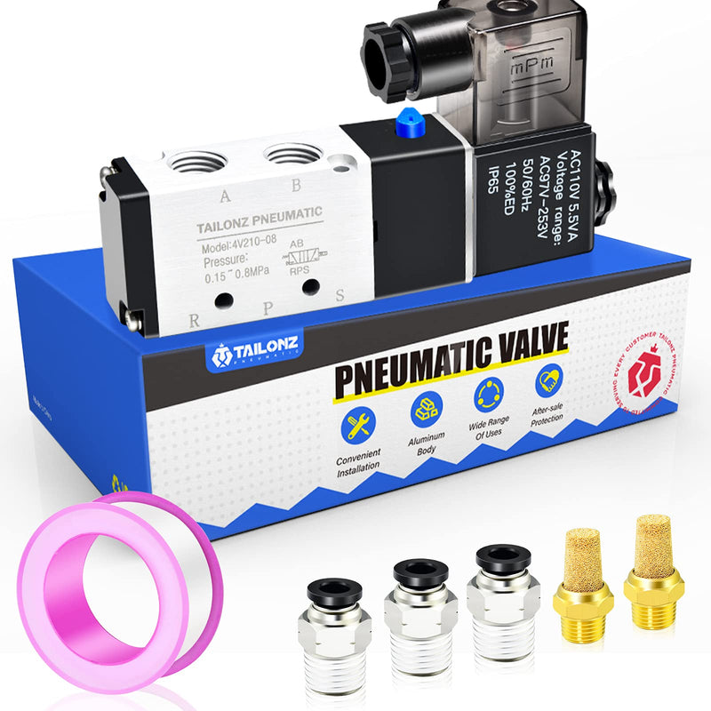 TAILONZ PNEUMATIC 1/4"NPT Solenoid Valve 4V210-08 12V/24V/110V/220V Single Coil Pilot-Operated Electric 2 Position 5 Way Connection Type AC110V