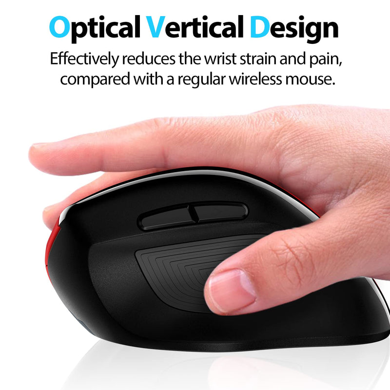 memzuoix Ergonomic Mouse Wireless Mouse, 2.4G Large Vertical Mouse USB Optical Cordless Mice with 800 / 1200 /1600 DPI, Ergonomic Computer Mouse for Laptop, PC, Desktop (for Right Hand) Red