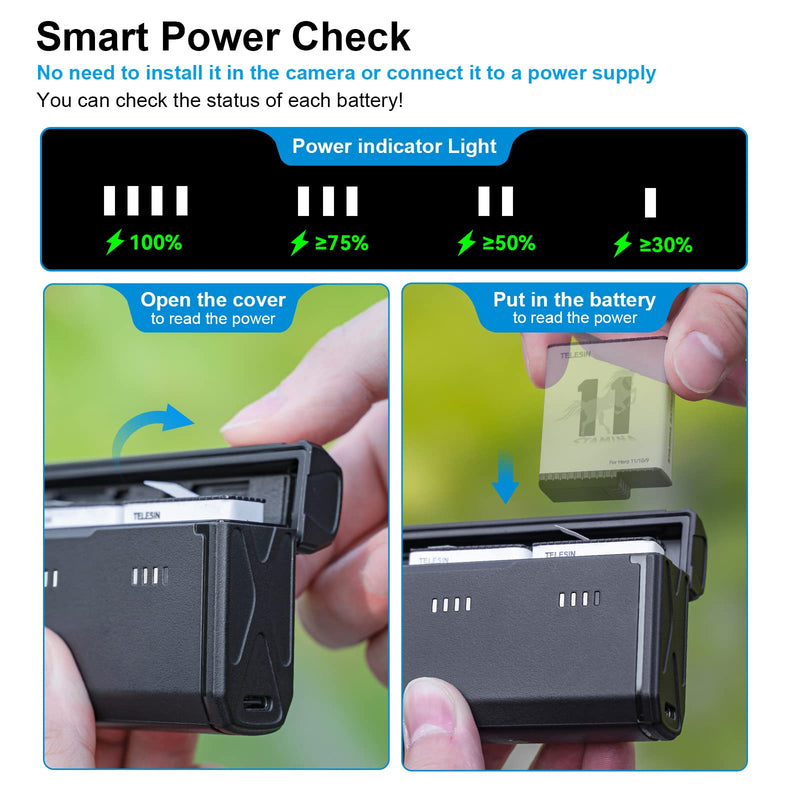 TELESIN Triple Charger with Smart Power Indicator and Side Charging Port for GoPro Hero 11 Hero 10 Hero 9 Camera Enduro Battery Pocket Size Portable