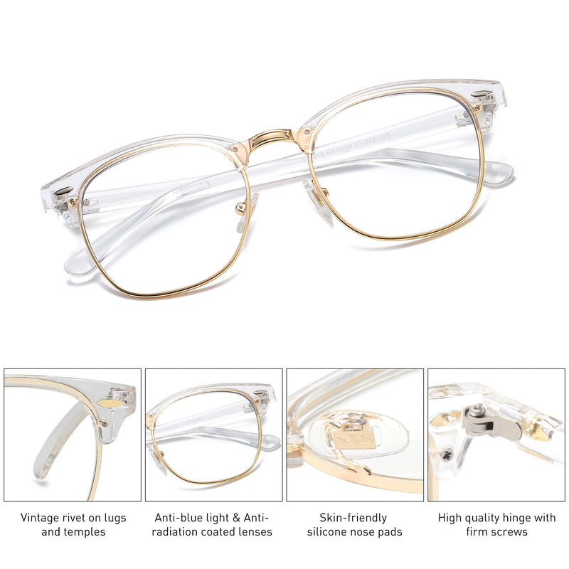 SOJOS Retro Semi Rimless Blue Light Blocking Glasses Half Horn Rimmed Eyeglasses SJ5018 Clear Frame/Gold Rim