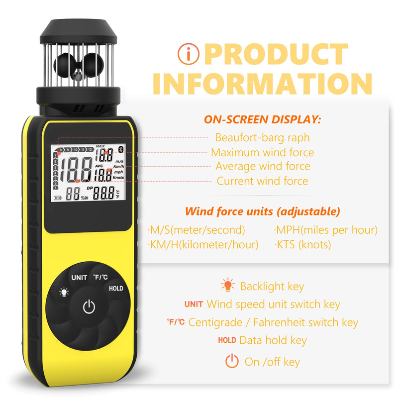 Digital Anemometer Anemometer Handheld with Wind Cup Anemometer Portable GR-881M Speed Meter with Compass and Temp(℃/℉) Measuring Air Speed Air Volume for Boat Sailing, Shooting 881M(Yellow)