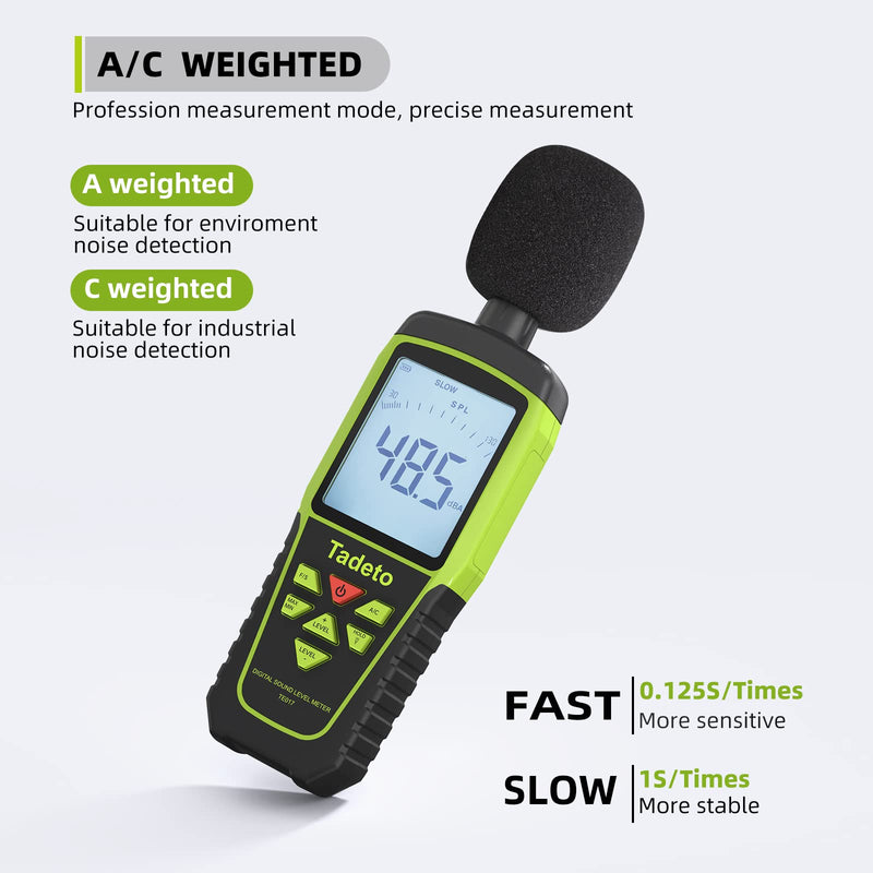 Decibel Meter, Tadeto Sound Level Meter Portable db Meter 30dB to 130dB (5 Measuring Ranges) Backlight LCD Display, MAX/MIN, Audible and Visual Alarms, Data Hold, A/C Weighted Verde
