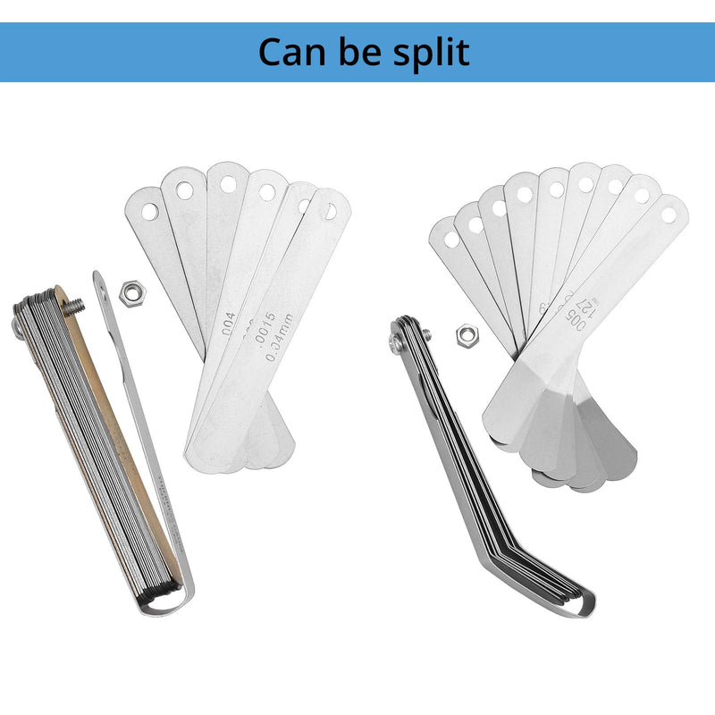 CAMWAY 2Pcs Feeler Gauge Set Stainless Steel Metric/Inch 32 Straight Blade Steel Feeler Gauge,16pcs Feeler Gauge and 45º Blades Offset for Measuring Gap Width/Thickness Measuring Tools Straight&45º Blades Offset