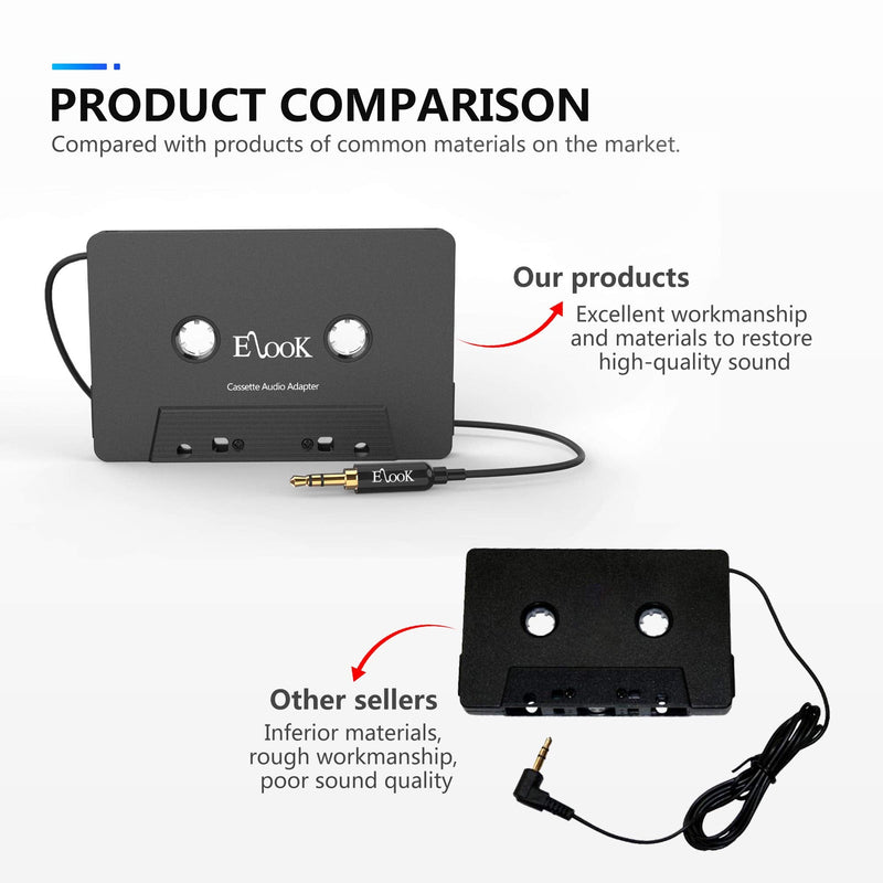 Elook Car Cassette Aux Adapter, 3.5mm Universal Audio Cable Tape Adapter for Car, Phone, MP3 ect. Black