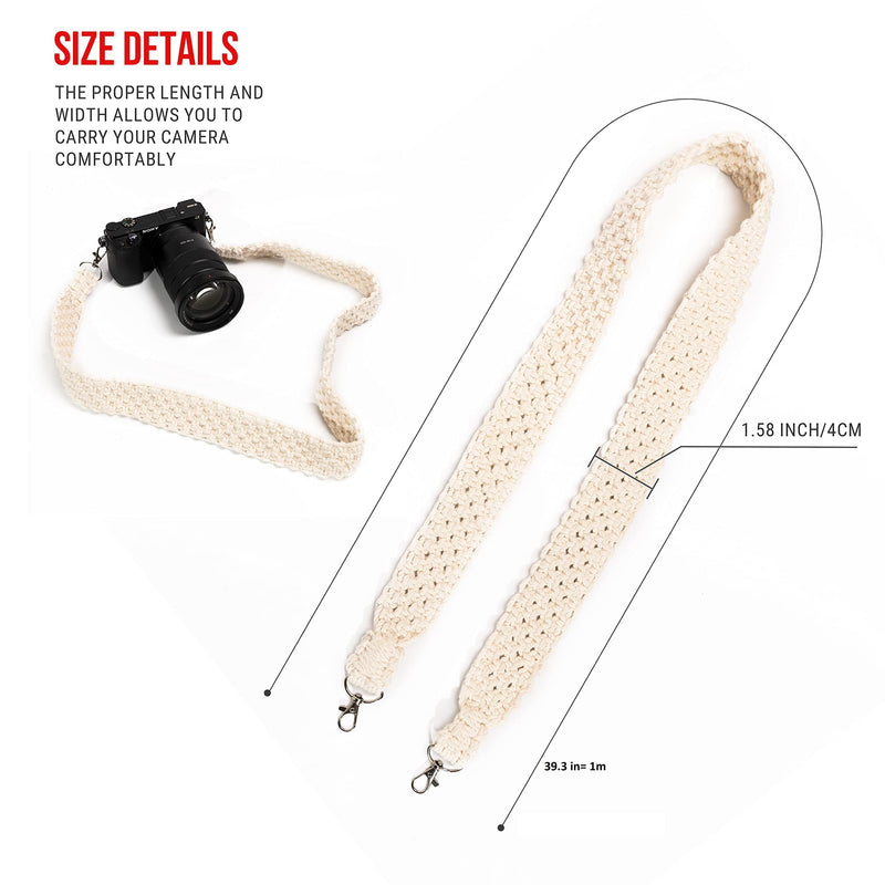 TIPFIT Macrame Camera Strap Bag Shoulder Strap Woven Natural Cotton Cord Bag Strap for Women, Men (White,39.3 x 1.5 Inches) White