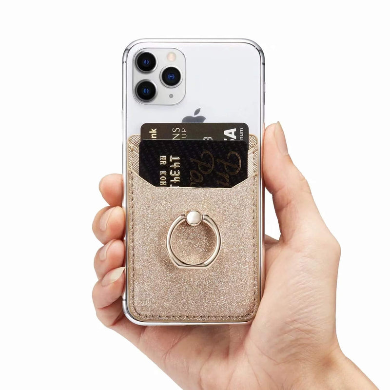 Phone Card Holder RFID Credit Wallet with Kickstand Ring for Women, DMaos 2 Pieces Glitter Sands Wallet Stick-On Back Grip for iPhone Samsung Android and Smartphones - Pink + Gold