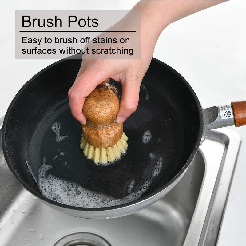 Bamboo Dish Scrub Brushes by Subekyu, Kitchen Wooden Cleaning Scrubbers Set for Washing Cast Iron Pan/Pot, Natural Sisal Bristles, Set of 3 Ceramics Base + 3p Sisal Brushes