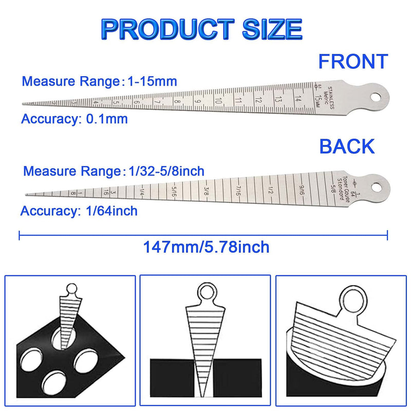 Taper Gauge - 1-15mm 1/32-5/8 Inch Stainless Steel Gap Taper Welding Thickness Gauge Gage Test Ulnar, Inch & Metric Hole Inspection Measure Tool