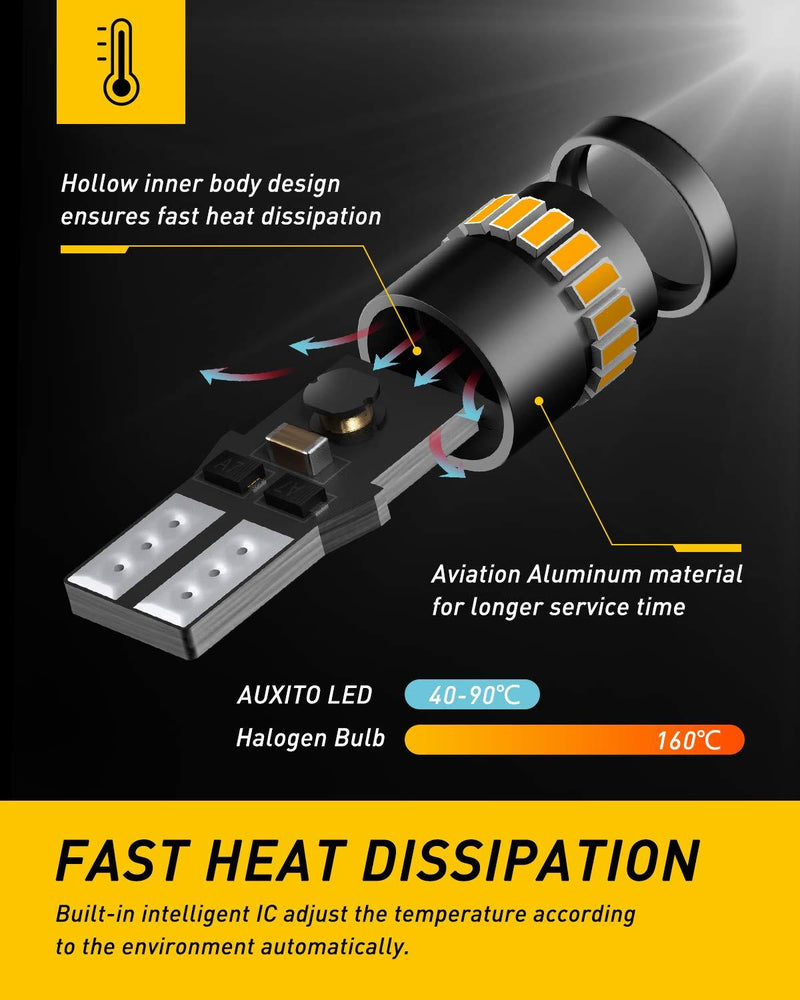 AUXITO 194 LED Light Bulb, Amber Yellow 168 2825 W5W T10 Wedge 24-SMD 3014 Chipsets LED Replacement Bulbs for Car Dome Map License Plate Lights (Pack of 10)