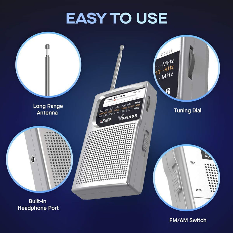NOAA Weather Radio - Emergency NOAA/AM/FM Battery Operated Portable Radio with Best Reception and Longest Lasting Transistor. Powered by 2 AA Battery with Mono Headphone Socket, by Vondior (Silver) NOAA Weather Radio