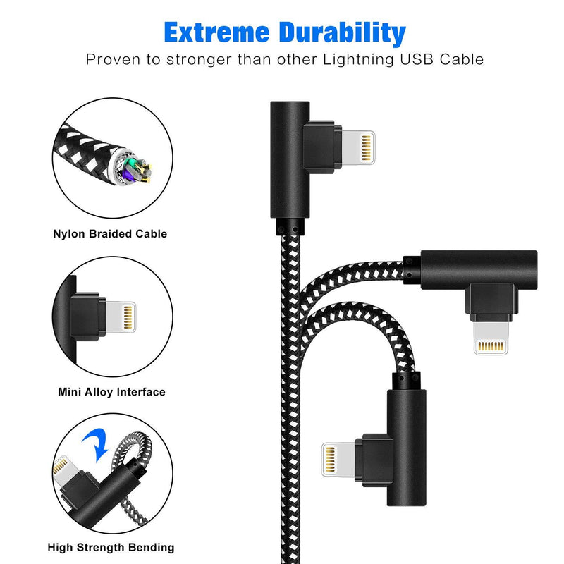 Made for The Game Connecting Cable, [3-Pack] 6ft 90 Degree Durable and Fast Charging Cable Compatible with iPhone Xs Max/XS/XR/7/7Plus/X/8/8Plus/6S/6S Plus/SE (6ft, Black White)