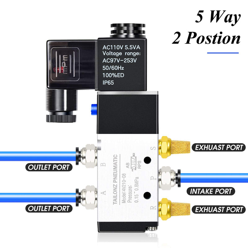 TAILONZ PNEUMATIC 1/4"NPT Solenoid Valve 4V210-08 12V/24V/110V/220V Single Coil Pilot-Operated Electric 2 Position 5 Way Connection Type AC110V