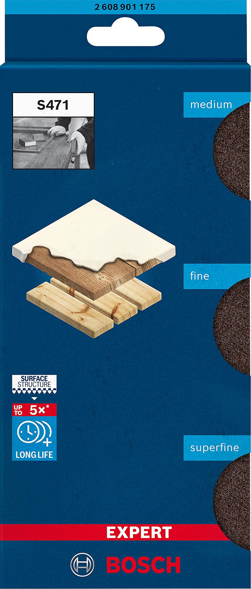 Bosch Professional 3x Expert S471 Standard Blocks (sanding sponge for soft wood, paint on wood, 69 x 97 x 26 mm, fineness level medium / fine / superfine, hand sanding accessories) 3 pieces New version standard block