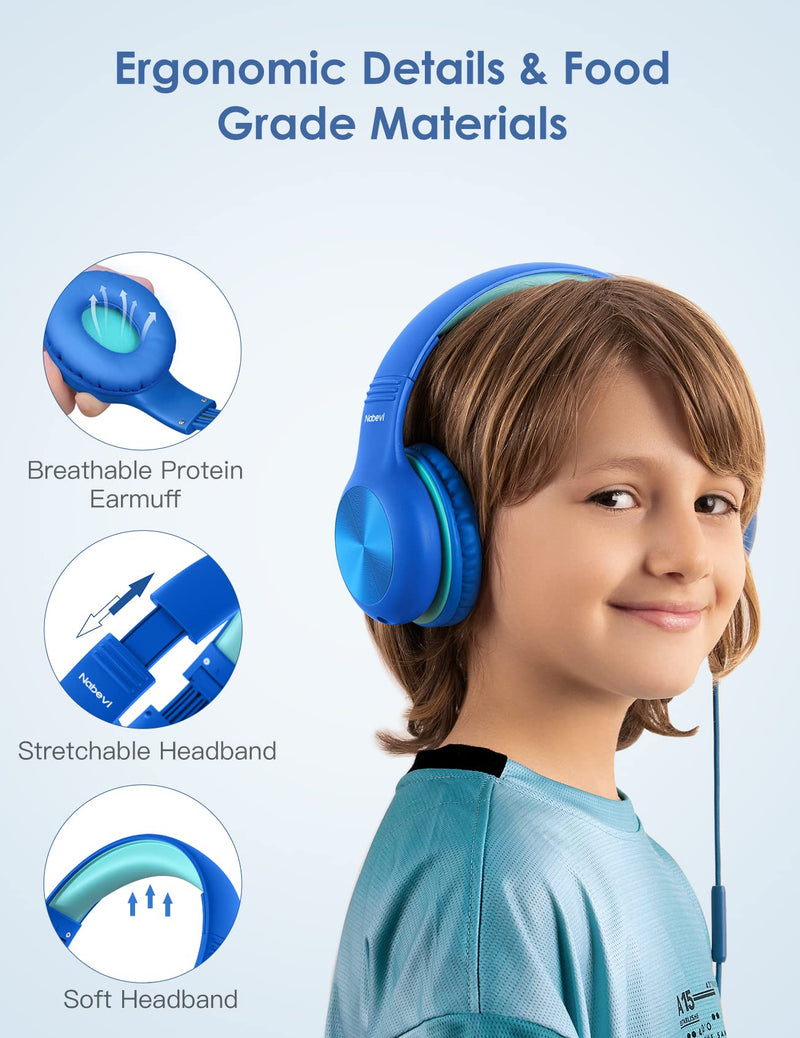 Kids Headphones with Microphone, Over-ear Headphones for Kids with Sharing Function, 85dB/94dB Safe Volume Limit, HD Sound, Headset for On-line Study, School, Travel, Headphone for Children Boys Girls Blue