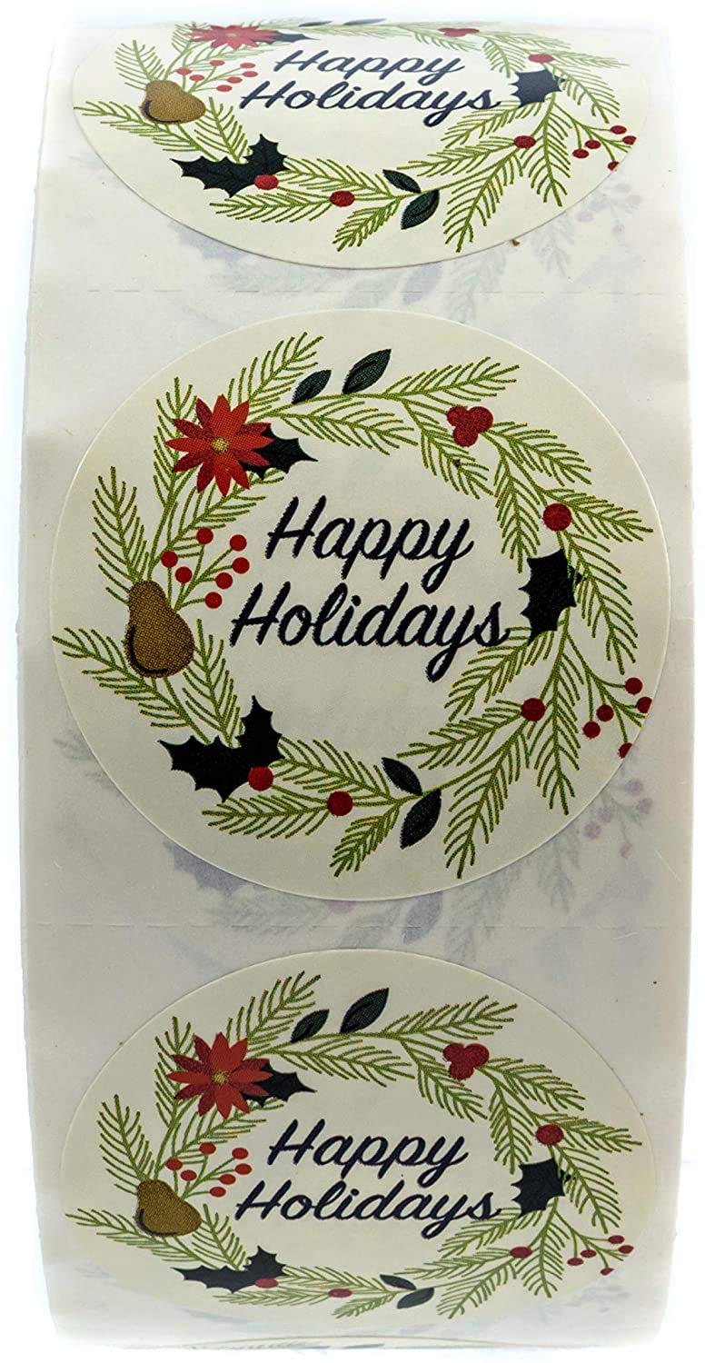 Ivory Holiday Floral Happy Holidays Stickers - 1.5" Circle Labels / 1000 per Pack